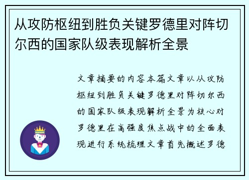 从攻防枢纽到胜负关键罗德里对阵切尔西的国家队级表现解析全景